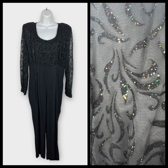 Vintage 80s Evening Velvet Sheer Glitter Black Jumpsuit Belt Loops Size 14 - Picture 1 of 11